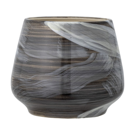 Skjalm stoneware plant pot in grey, tapered round shape with hand-painted sweeping brushstrokes over fine horizontal lines, shown on a plain white background.