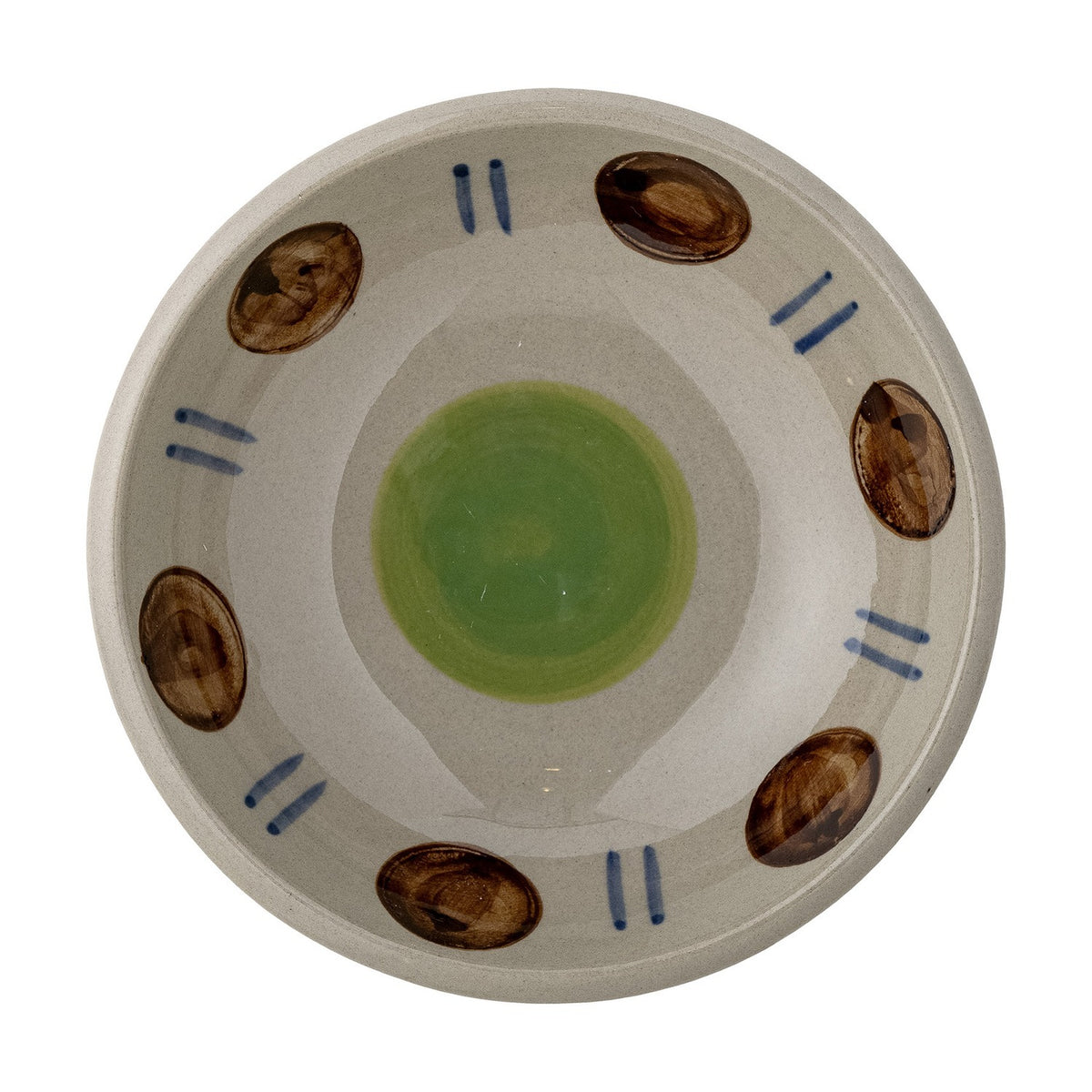 Peline Stoneware Bowl 11cm from the Set of 2, shallow rustic ceramic dip bowl with green centre, brown oval motifs and blue dash accents, on a plain white background.