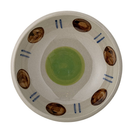 Peline Stoneware Bowl 11cm from the Set of 2, shallow rustic ceramic dip bowl with green centre, brown oval motifs and blue dash accents, on a plain white background.