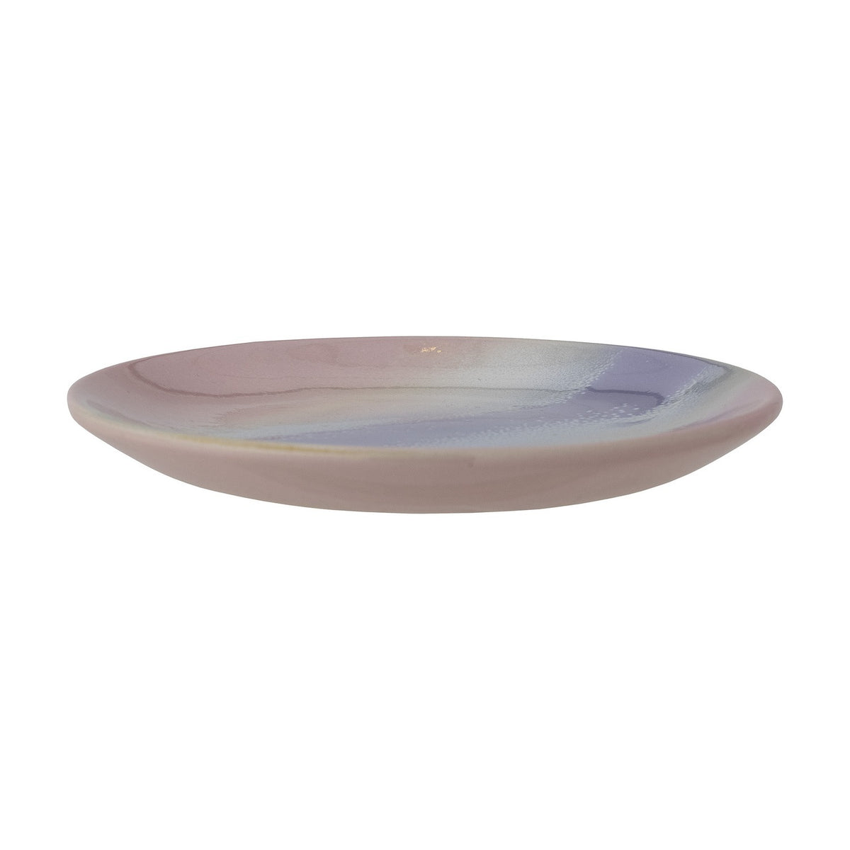 Safie Stoneware Plate in pink, shown side-on with a gently curved rim and glossy glaze blending pink and speckled grey-blue tones, set against a plain white background.