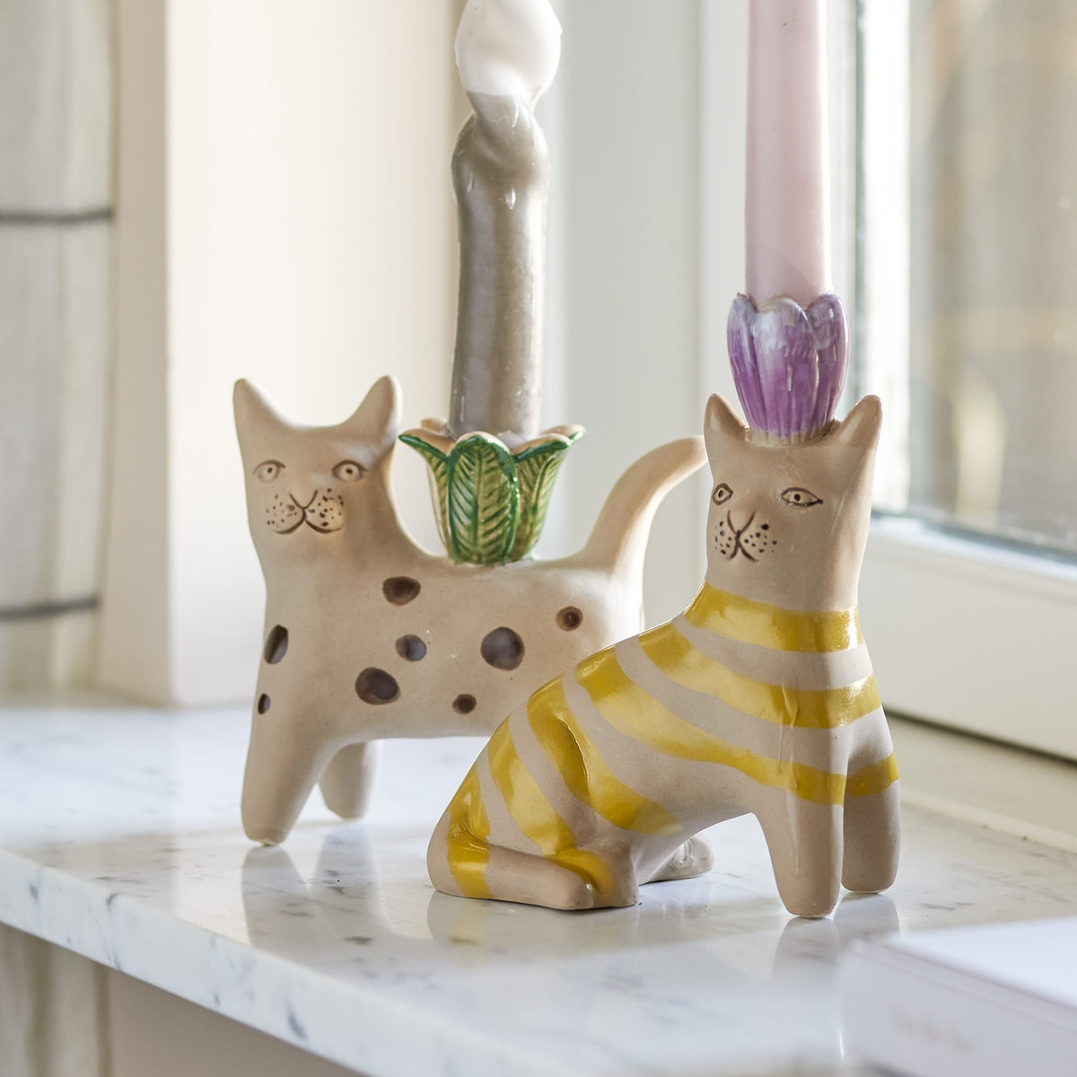 Mamie Cat Stoneware Candle Holders Set of 2 - Multi