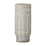 Vefa Terracotta Vase 28.5cm in natural tone, tall cylindrical body with a short footed base, featuring pale speckled glaze in looped, drip-patterned bands, shown on a plain white background.
