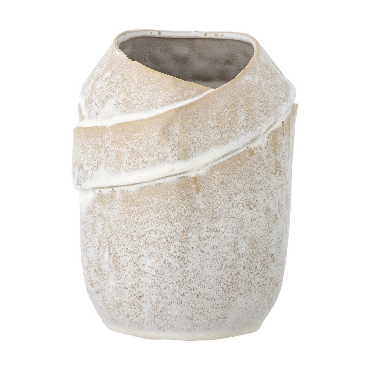 Abeera Stoneware Vase 20cm in beige, with a folded, wrapped-clay form and a slanted overlapping band creating an asymmetric opening, shown on a plain white background.