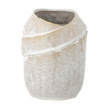 Abeera Stoneware Vase 20cm in beige, with a folded, wrapped-clay form and a slanted overlapping band creating an asymmetric opening, shown on a plain white background.