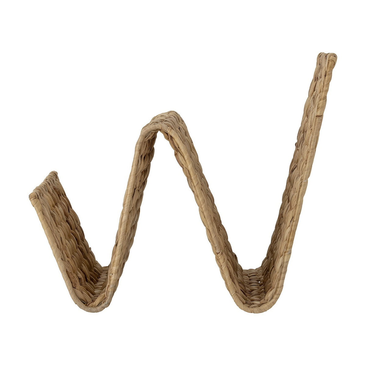 Dex Water Hyacinth Magazine Rack in Natural, a zigzag-folded woven storage rack forming two open slots, shown on a plain white background.