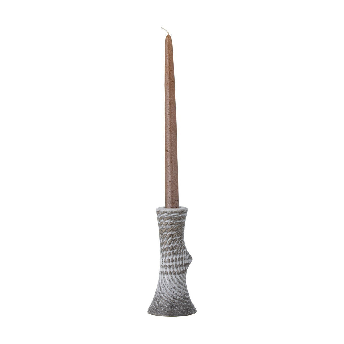 Raheem Stoneware Candle Holder in grey, 17cm hourglass shape with dimpled relief texture and a rounded knot detail, holding a tall tapered brown candle on a plain white background.