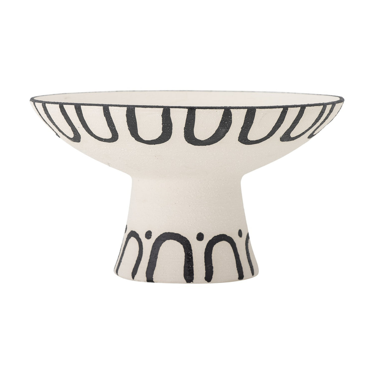 Mayotte Stoneware Pedestal Bowl 26cm in cream, with a flared footed base, black loop pattern beneath the rim, and arch-and-dot design around the foot, shown on a plain white background.