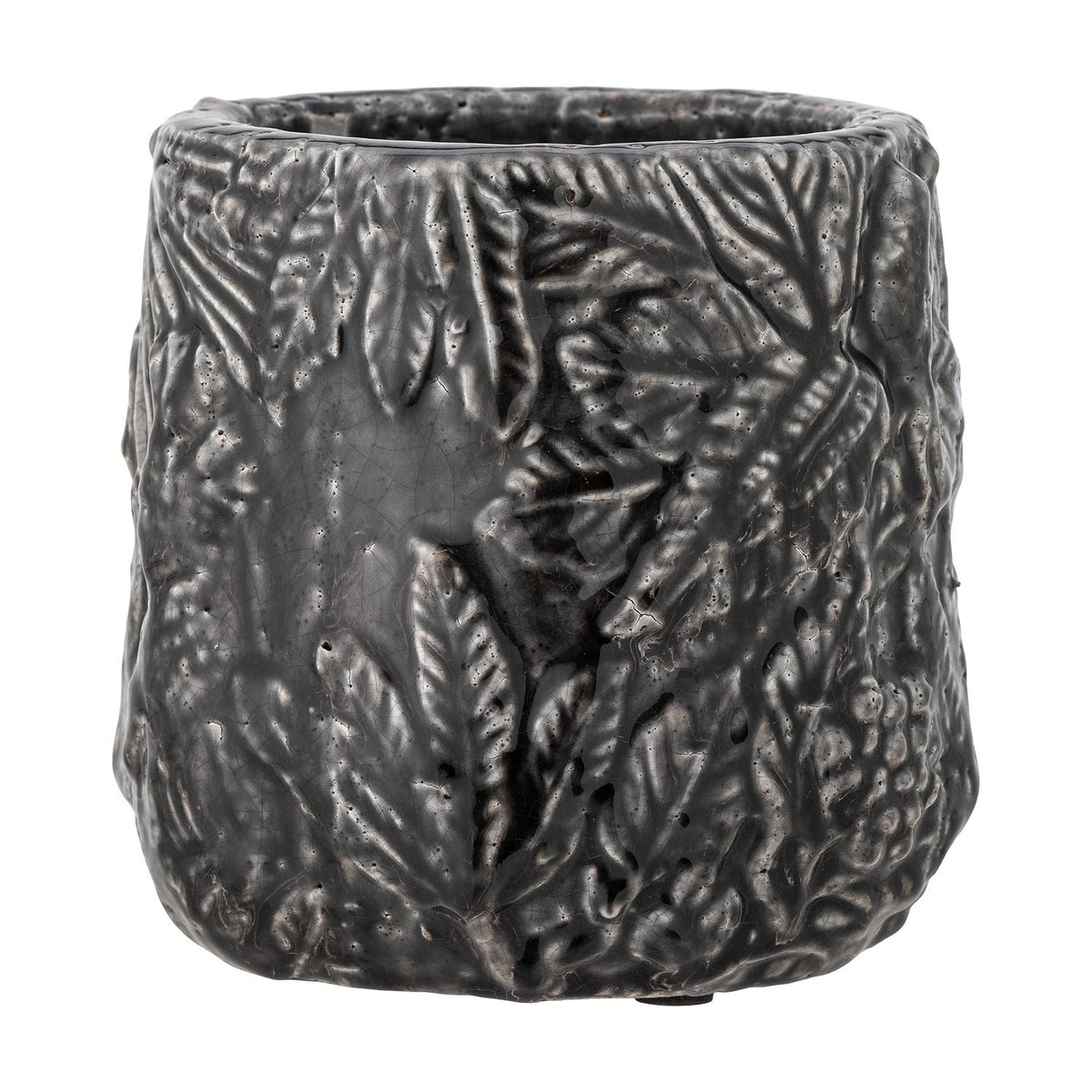 Nikou Terracotta Plant Pot in black, a round planter with raised botanical leaf and frond relief covering the glossy textured surface, shown on a plain white background.