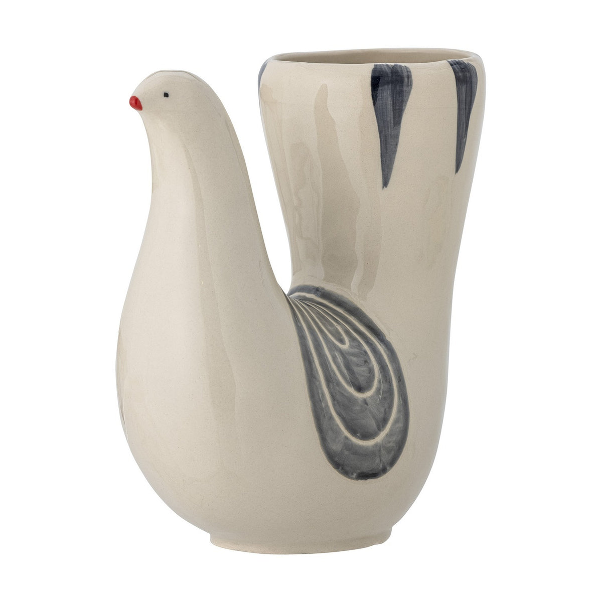 Trudy Bird Stoneware Vase in cream, shaped like a bird with a slender head and tall open tail opening, hand-painted grey wing and feather details, on a plain white background.
