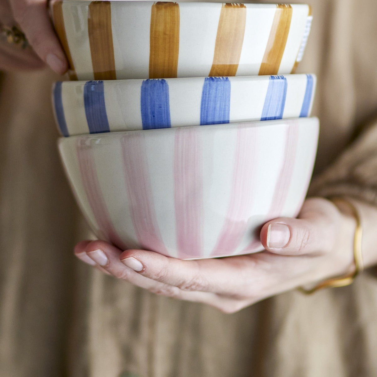 Begonia Striped Stoneware Bowl 14cm - Pink