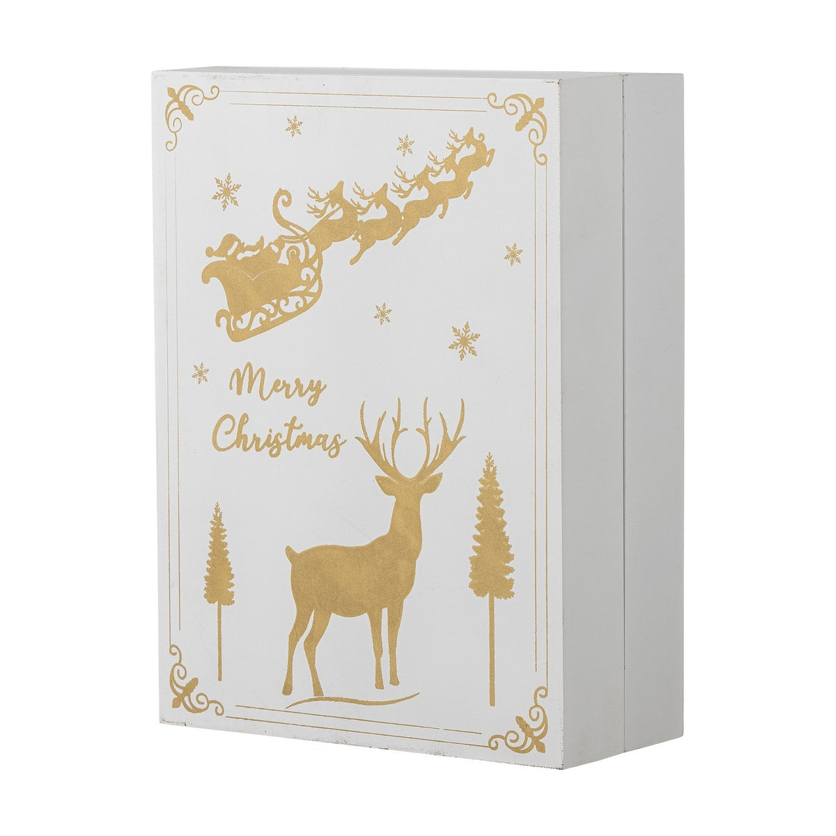 White Elimar Wooden Advent Calendar, a tall plywood book-shaped box printed with Santa's sleigh, reindeer, a stag between fir trees, and Merry Christmas in gold, shown closed.