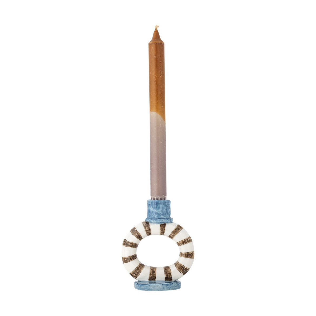 Tacana stoneware candle holder with a brown and white striped open ring, blue-glazed cup and oval foot, holding a tall taper candle on a plain white background.