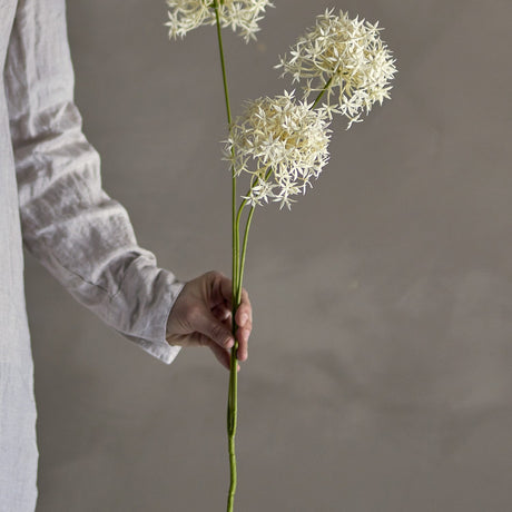Allium Artificial Stem in white, held by hand, showing three star-floret flowerheads on a green stem against a neutral background.