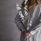 Orchid Artificial Stem 92cm in white, held against a grey linen shirt, showing slender branches with small white blooms and tight buds.