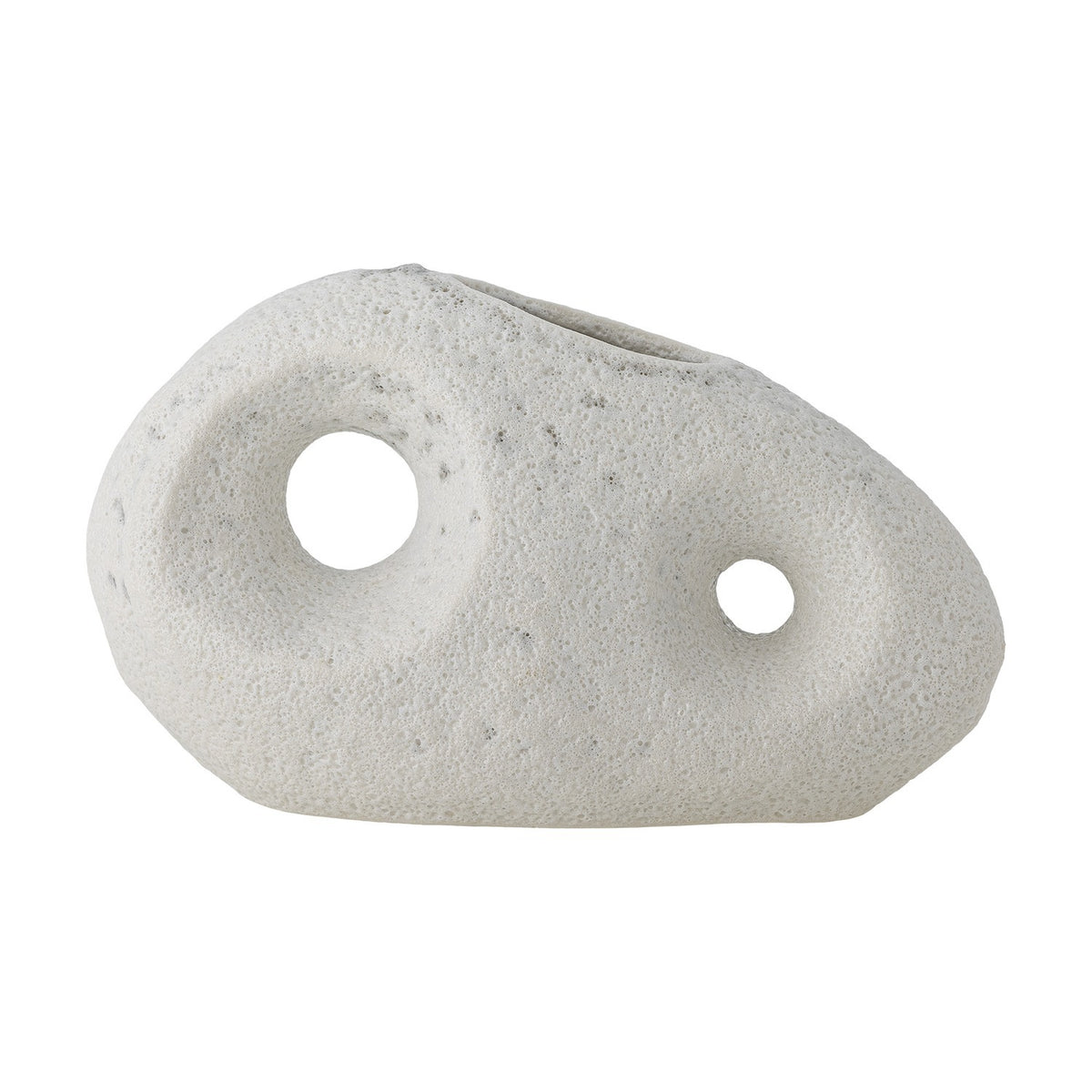 Caia Pebble Stoneware Vase 9.5cm in White, a pebble-shaped textured vase with two round through-holes, shown against a plain white background.
