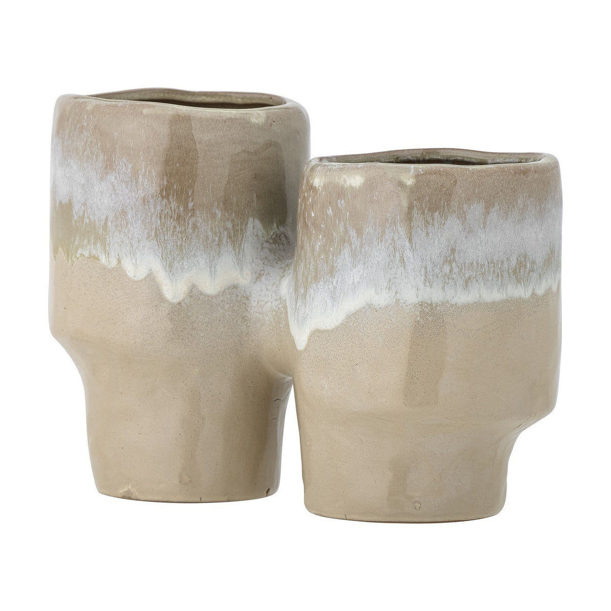 Maiak Stoneware Plant Pot in beige, two joined cylindrical ceramic vessels of differing heights with a drip glaze finish, shown against a plain white background.