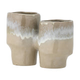 Maiak Stoneware Plant Pot in beige, two joined cylindrical ceramic vessels of differing heights with a drip glaze finish, shown against a plain white background.