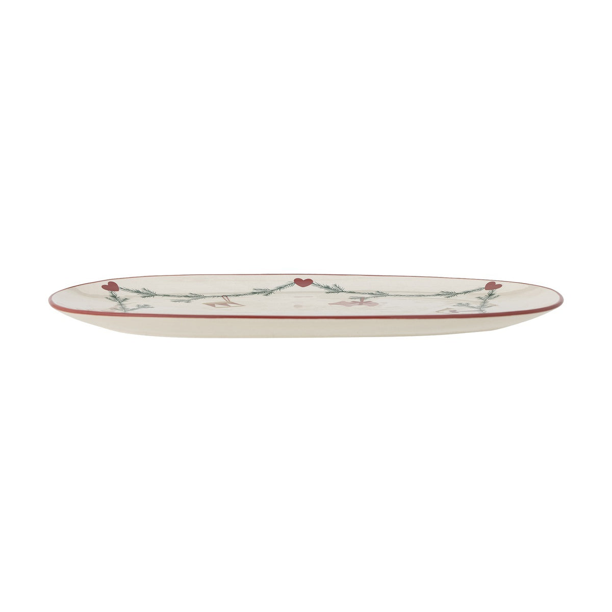 Yule Oval Stoneware Christmas Platter in cream, long oval shape with a thin red rim, decorated with a pine garland and small red hearts, shown on a plain white background.