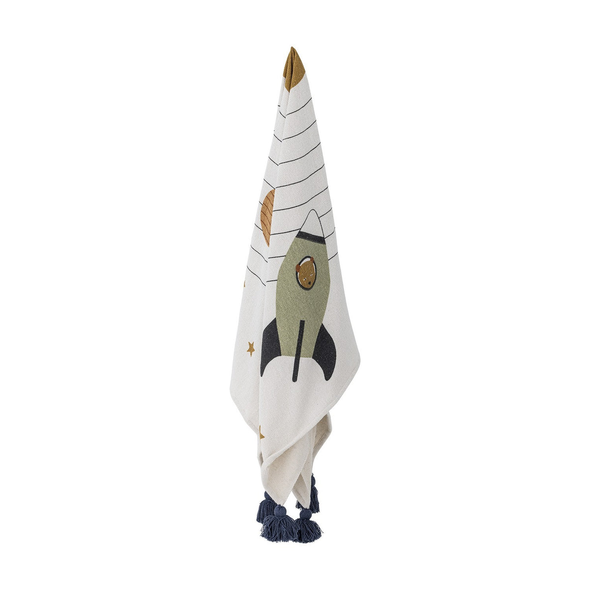 Space Cotton Throw in cream fabric, draped vertically against a white background, showing a printed rocket with a bear astronaut, stars and sweeping lines, finished with navy tassels.