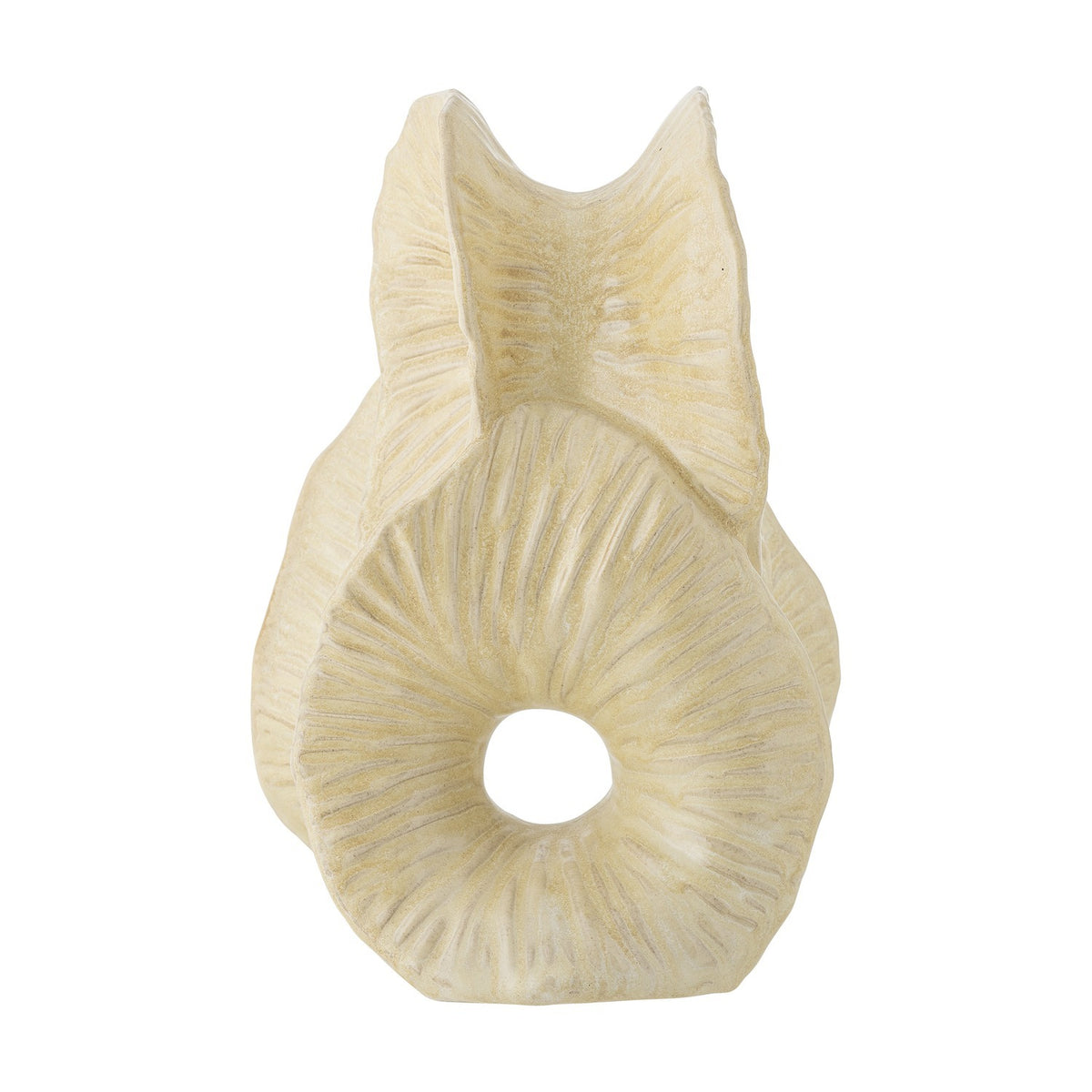 Fabien Stoneware Ornament in cream, a folded ribbon-like sculpture with a central open ring and fine carved radiating lines, shown on a plain white background.