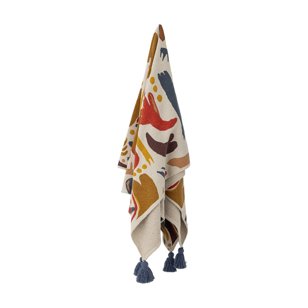 Horus Cotton Throw in Multi, a woven cotton-blend throw with a bold multicoloured abstract pattern, finished with navy tassels and shown hanging against a plain white background.