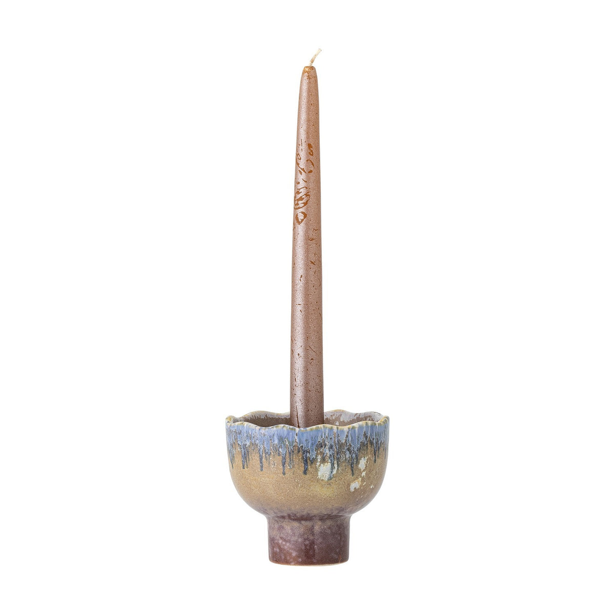 Cloe Stoneware Candle Holder 9cm in multicoloured glaze with scalloped rim, rounded body and short pedestal foot, holding a tall taper candle on a white background.