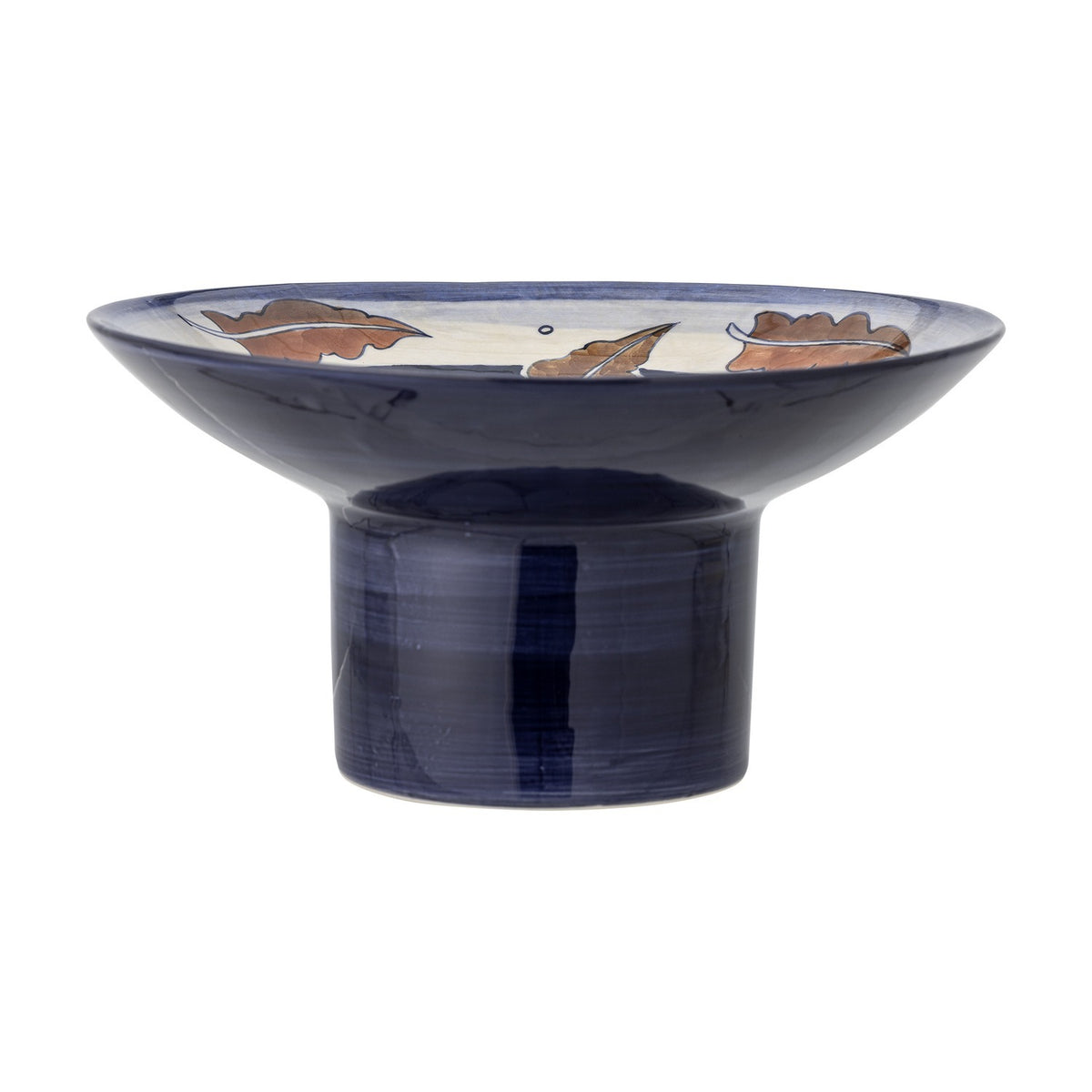 Myrna Stoneware Pedestal Bowl 29cm in Multi, a wide shallow stoneware dish on a tall cylindrical foot with a hand-painted blue and brown leaf motif inside, shown on a white background.