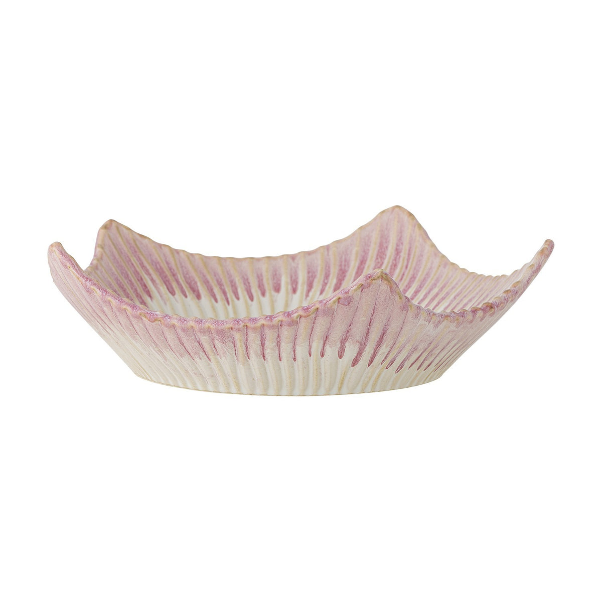 Pink stoneware decorative bowl, 28cm, with five wavy points around the rim and ridged floral-striped texture radiating from a plain centre, shown on a white background.