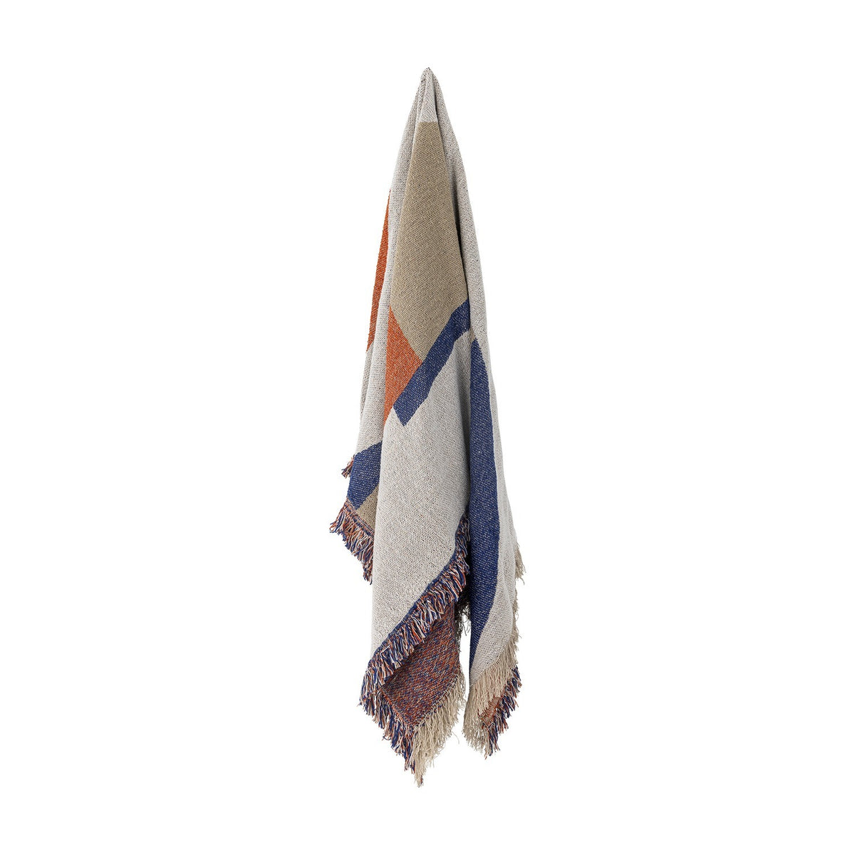 Clarita Cotton Throw in Multi, a woven geometric pattern of orange, navy and beige blocks with fringed edges, hanging against a plain white background.