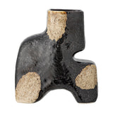 Ollia Stoneware Vase 20cm in Black, an abstract sculptural form with a slim neck, deep notch, and two short feet, glossy black finish with rough sandy-beige patches, shown on a white background.