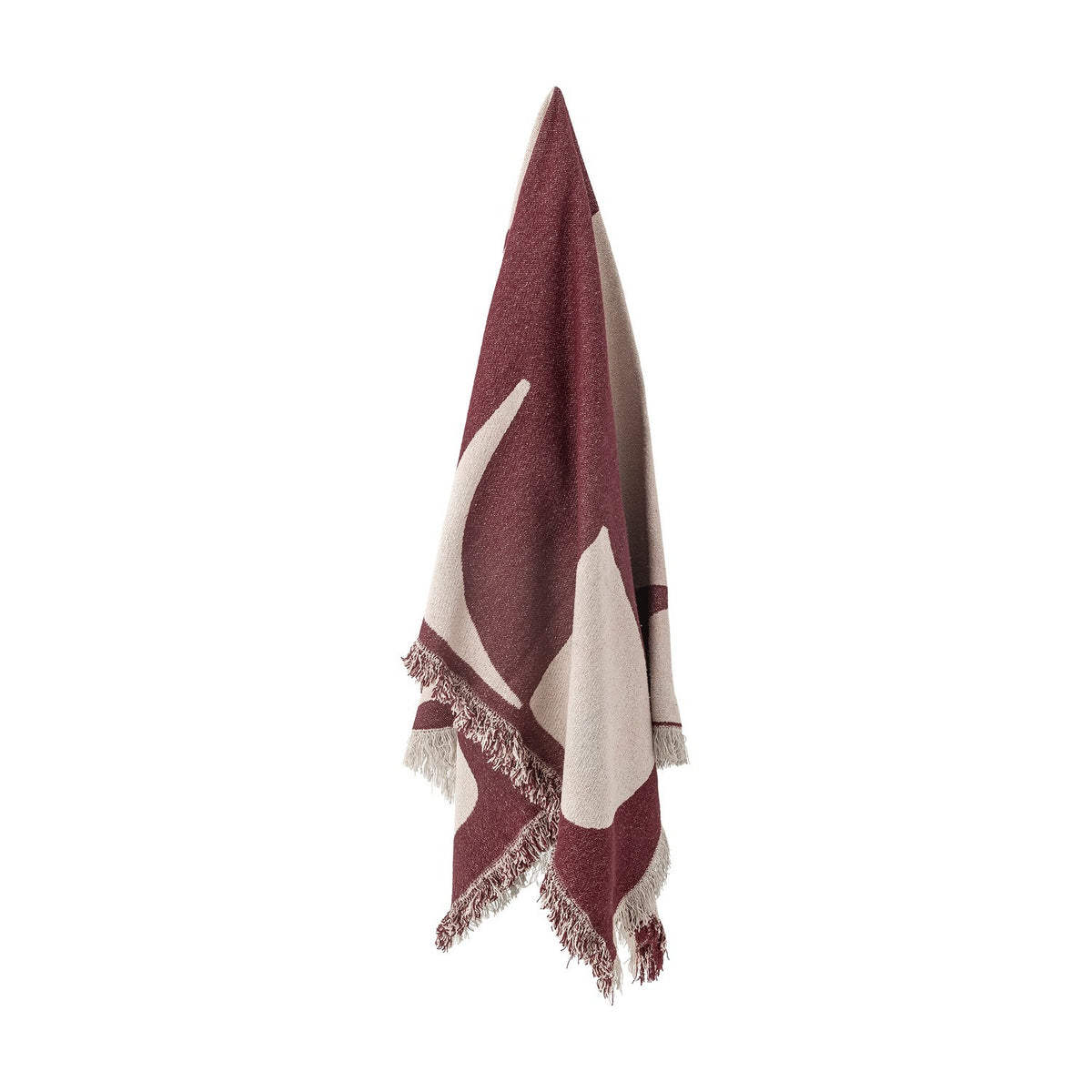 Olica Cotton Throw in red, woven with large curved cream shapes and loose fringed edges, hanging against a plain white background.