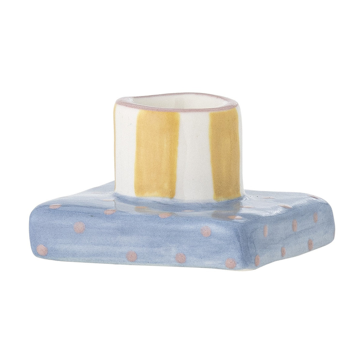 Tacana Striped Stoneware Candle Holder in multicoloured ceramic, featuring a round yellow and white striped cup on a square blue base with pink dots, set against a white background.