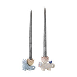 Missy Cat Stoneware Candle Holders set of two, ceramic cats in blue and pink tones with flower-shaped taper cups on their backs, each holding a tall grey candle on a white background.