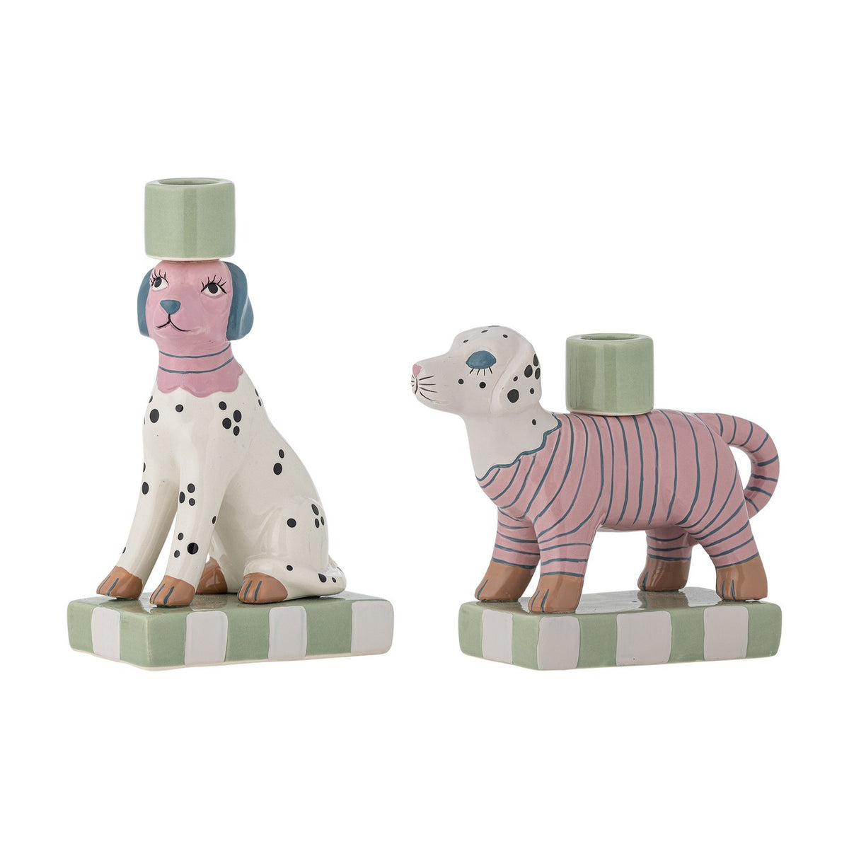 Set of 2 Doglie stoneware candle holders: a sitting dotted dog with pink face and collar holding a cup, and a standing pink striped dog with a cup on its back, on green-and-white checked bases.