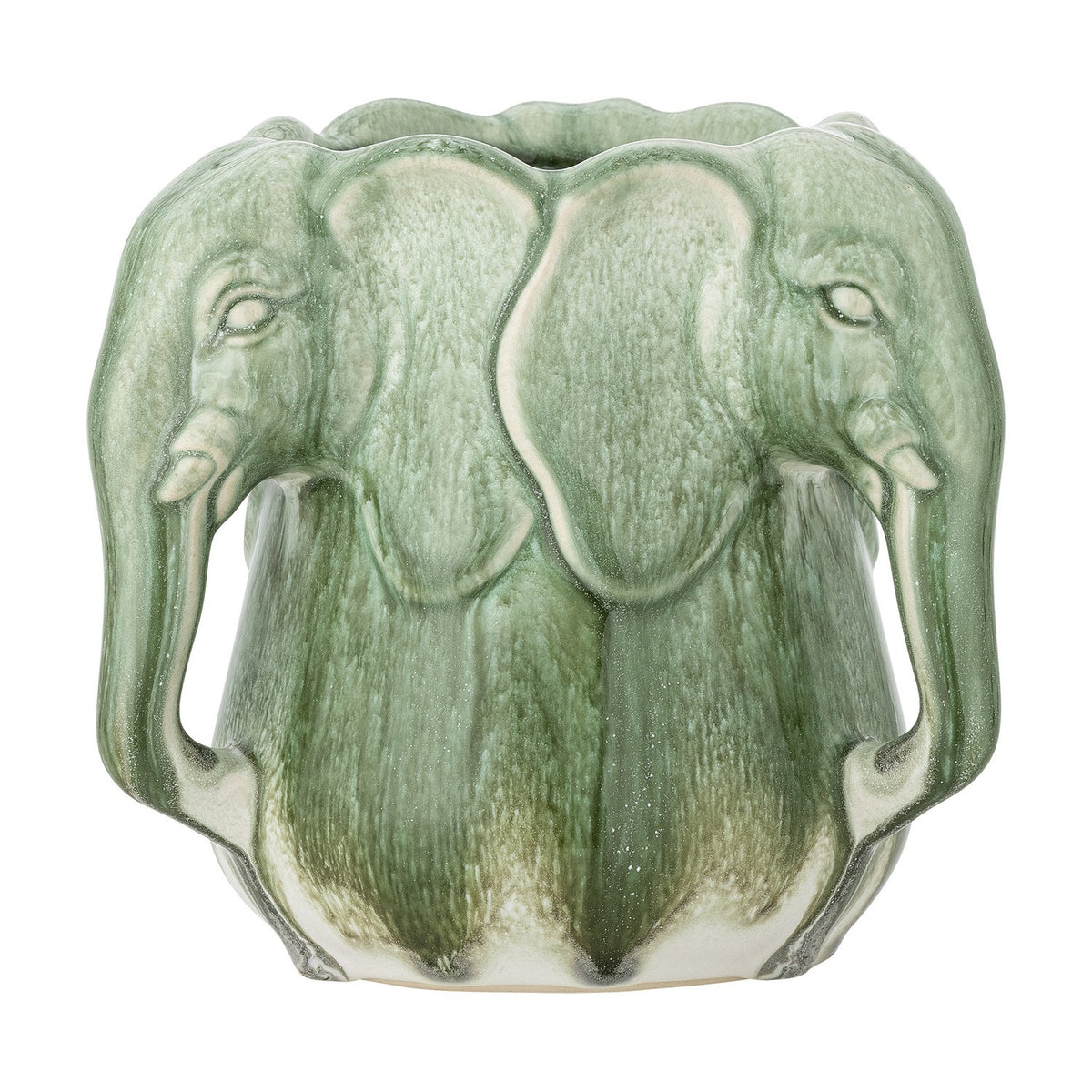 Pontus Stoneware Vase 15.5cm in Green, ceramic with sculpted elephant heads and trunk handles around the sides, scalloped rim, on a plain white background.