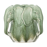 Pontus Stoneware Vase 15.5cm in Green, ceramic with sculpted elephant heads and trunk handles around the sides, scalloped rim, on a plain white background.