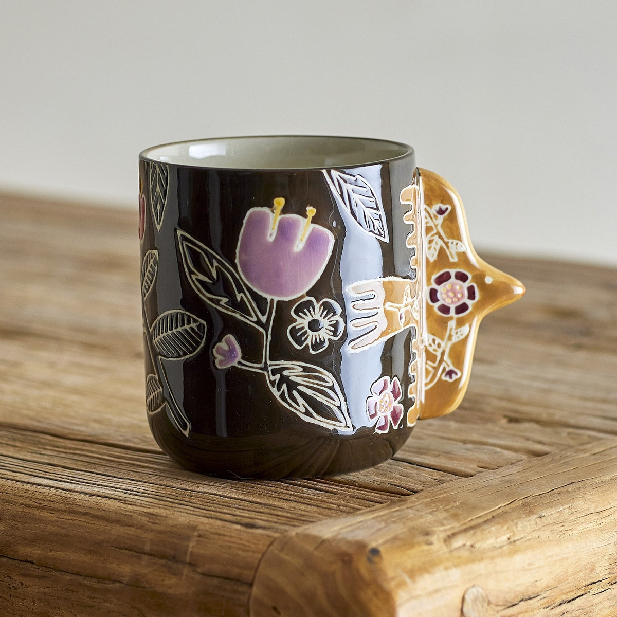 Vivielle Floral Stoneware Cups 325ml Set of 4 - Black