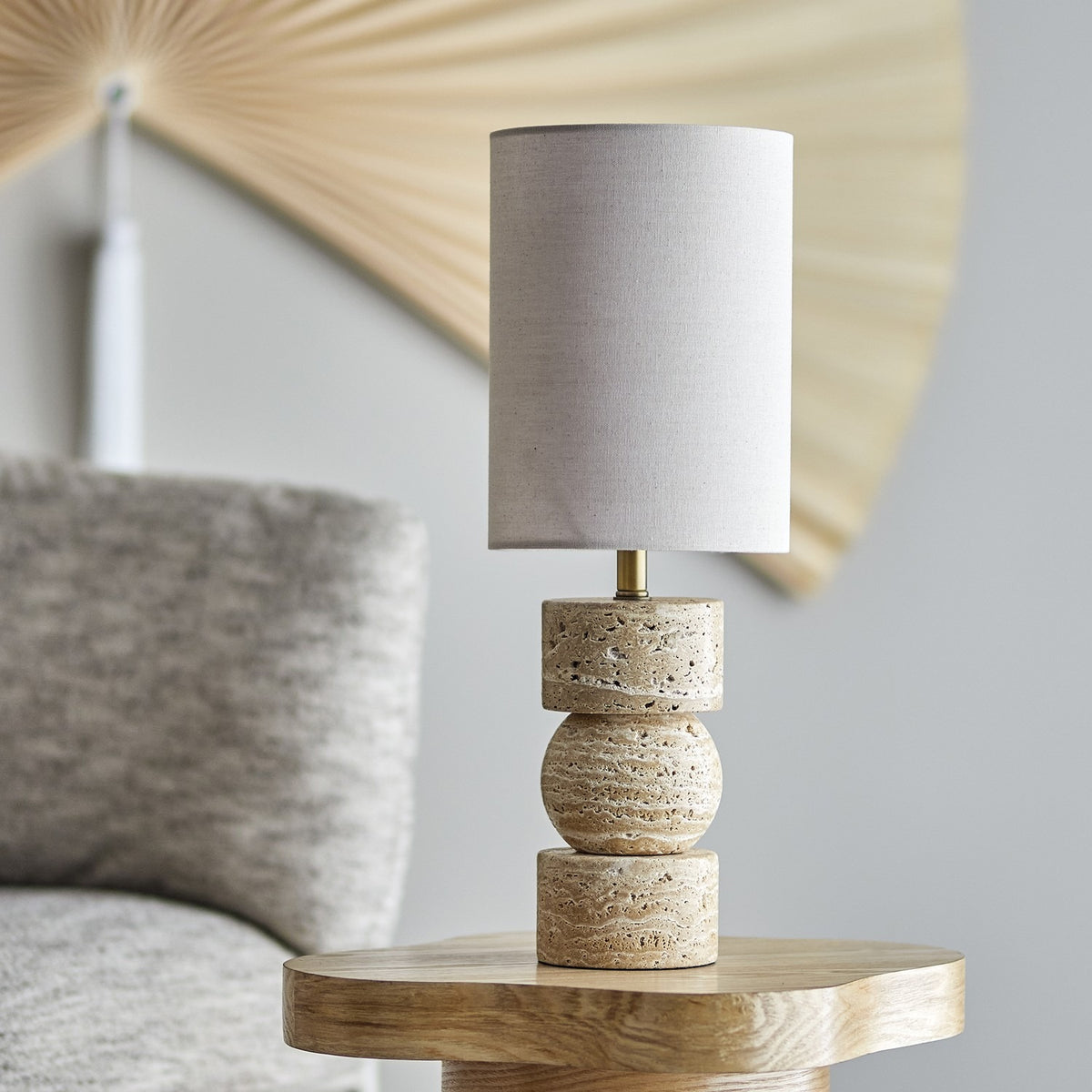 Marci Travertine Table Lamp with Linen Shade - Beige