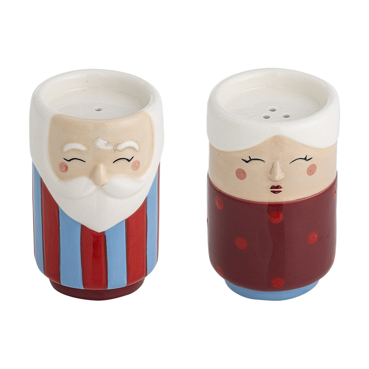 Ceramic Granny Christmas salt and pepper shaker set, embossed grandfather and grandmother figures in striped and polka-dot outfits, white hair, on a plain white background.