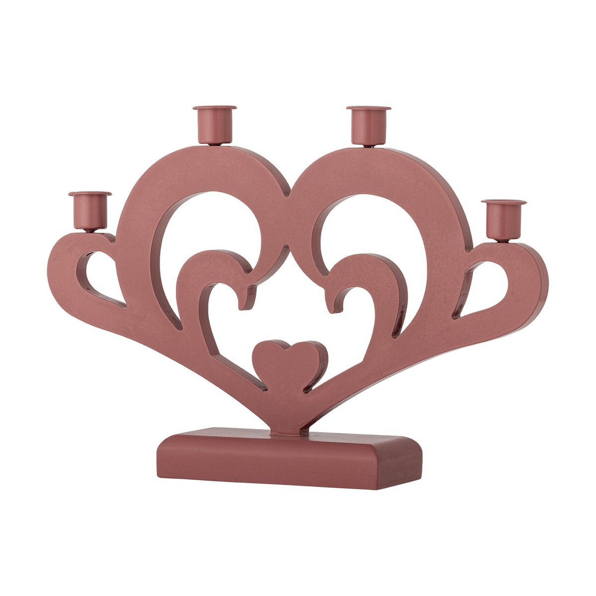 Red MDF heart-shaped Advent candle holder with scroll details and a small centre heart, featuring four arched candle cups on a rectangular base.