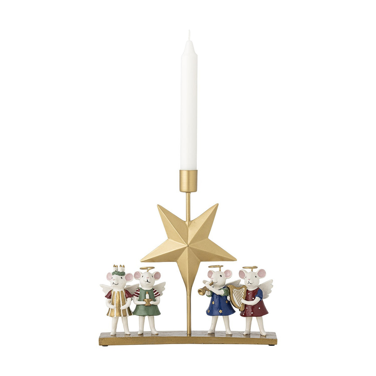 Peo Star resin Christmas candle holder with a gold faceted star, upright stem and candle cup, four winged mouse angels in multicoloured outfits standing on a narrow base, shown on a white background.