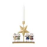 Peo Star resin Christmas candle holder with a gold faceted star, upright stem and candle cup, four winged mouse angels in multicoloured outfits standing on a narrow base, shown on a white background.