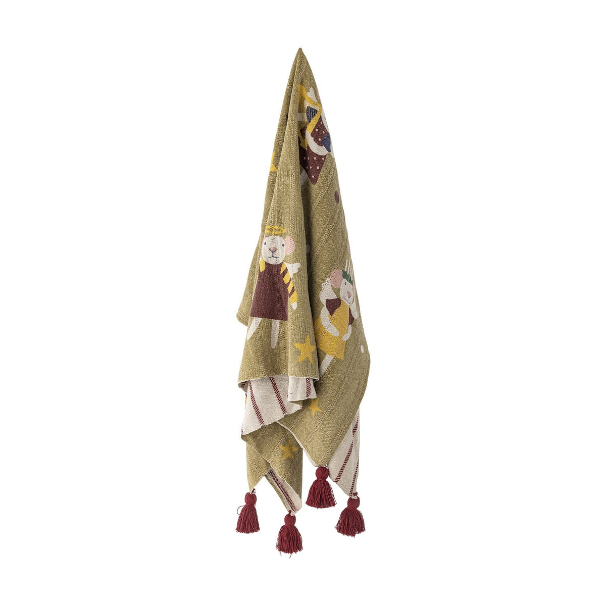 Peo Striped Christmas Throw in green, fabric throw hanging with printed mouse-angel motifs, stars and dots, striped reverse side, and red corner tassels on a white background.