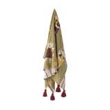 Peo Striped Christmas Throw in green, fabric throw hanging with printed mouse-angel motifs, stars and dots, striped reverse side, and red corner tassels on a white background.