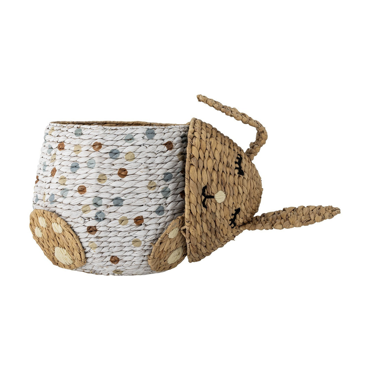 Villja Rabbit water hyacinth storage basket with lid shaped as a rabbit's head, one upright and one bent ear, multicoloured polka-dot woven body, on a white background.