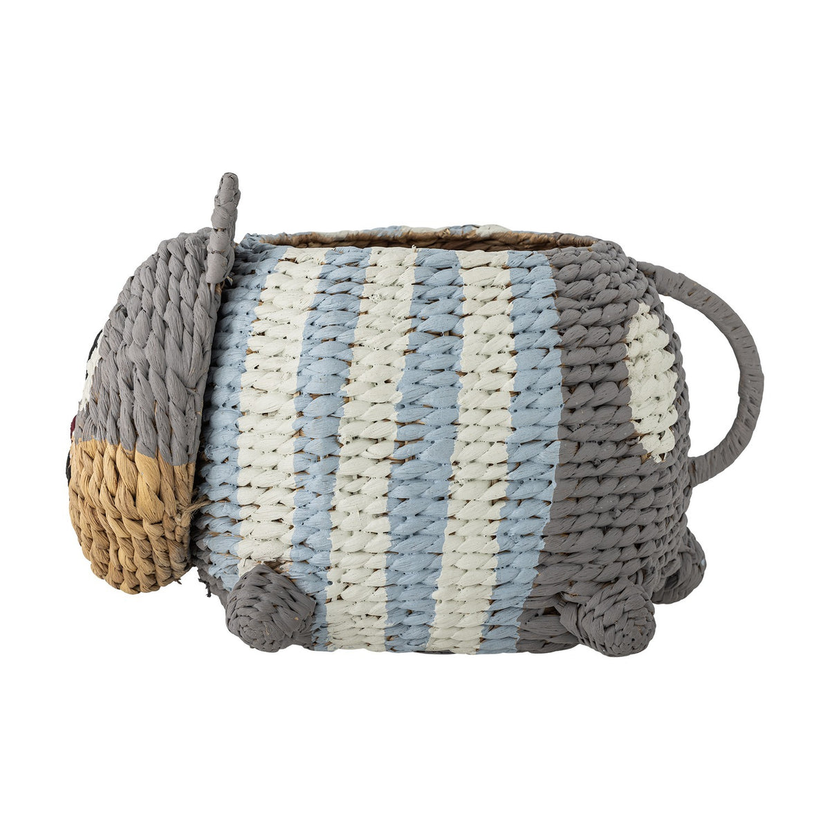 Mille Water Hyacinth Basket shaped like a sleeping animal with pointed ears, embroidered eyes, stubby feet and curled tail, woven in grey, blue and white stripes on a white background.