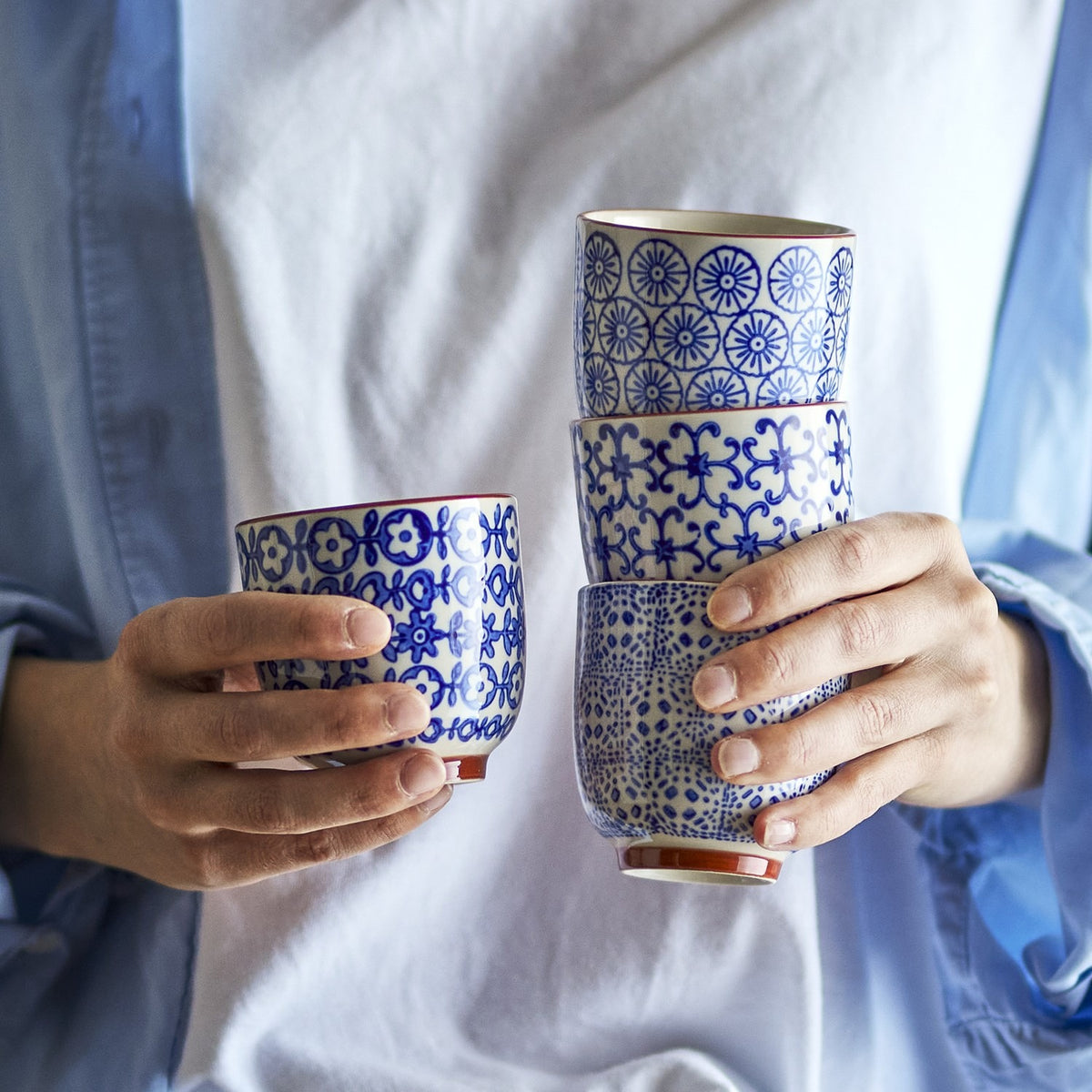 Karine Floral Stoneware Cups 150ml Set of 4 - Blue