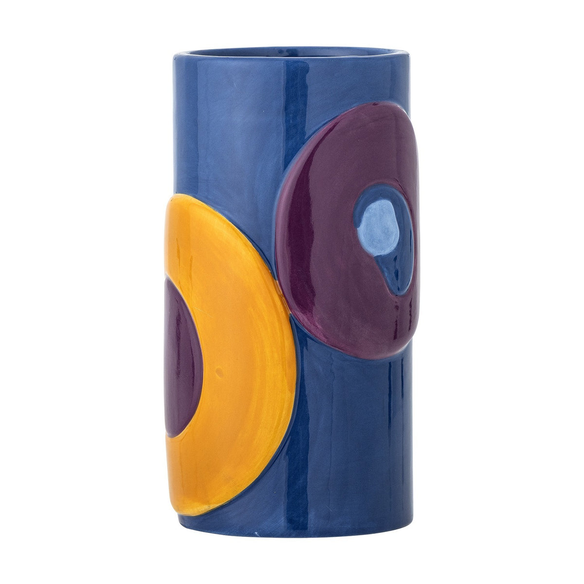 Polivia Ceramic Vase 18cm in Multi, a cylindrical dolomite vase with raised blue, mustard, and plum circular shapes in a high-gloss finish, shown on a plain white background.