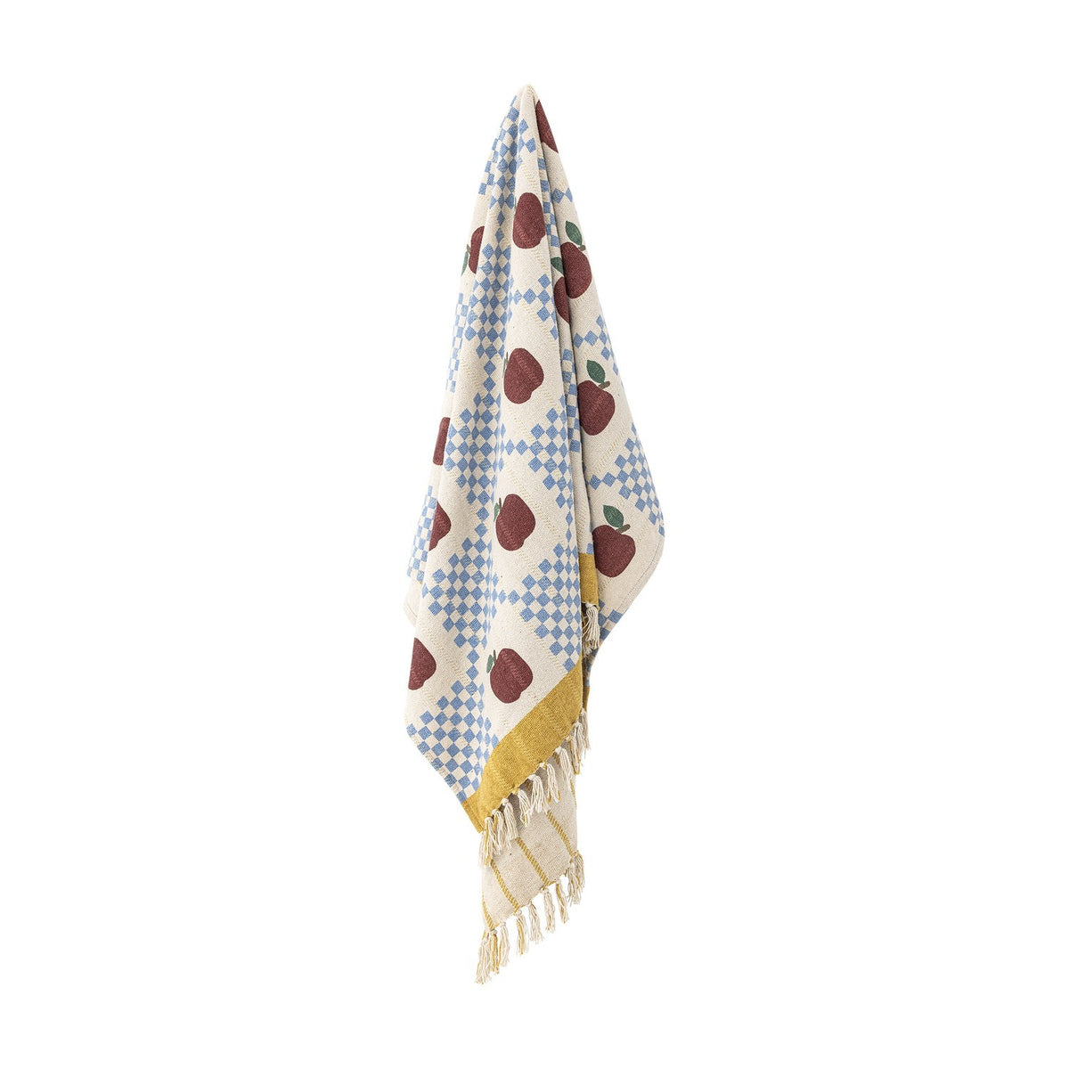 Gala Cotton Throw in Multi, a cotton throw with an apple print and blue check pattern, finished with a mustard border and knotted fringe, hanging against a white background.