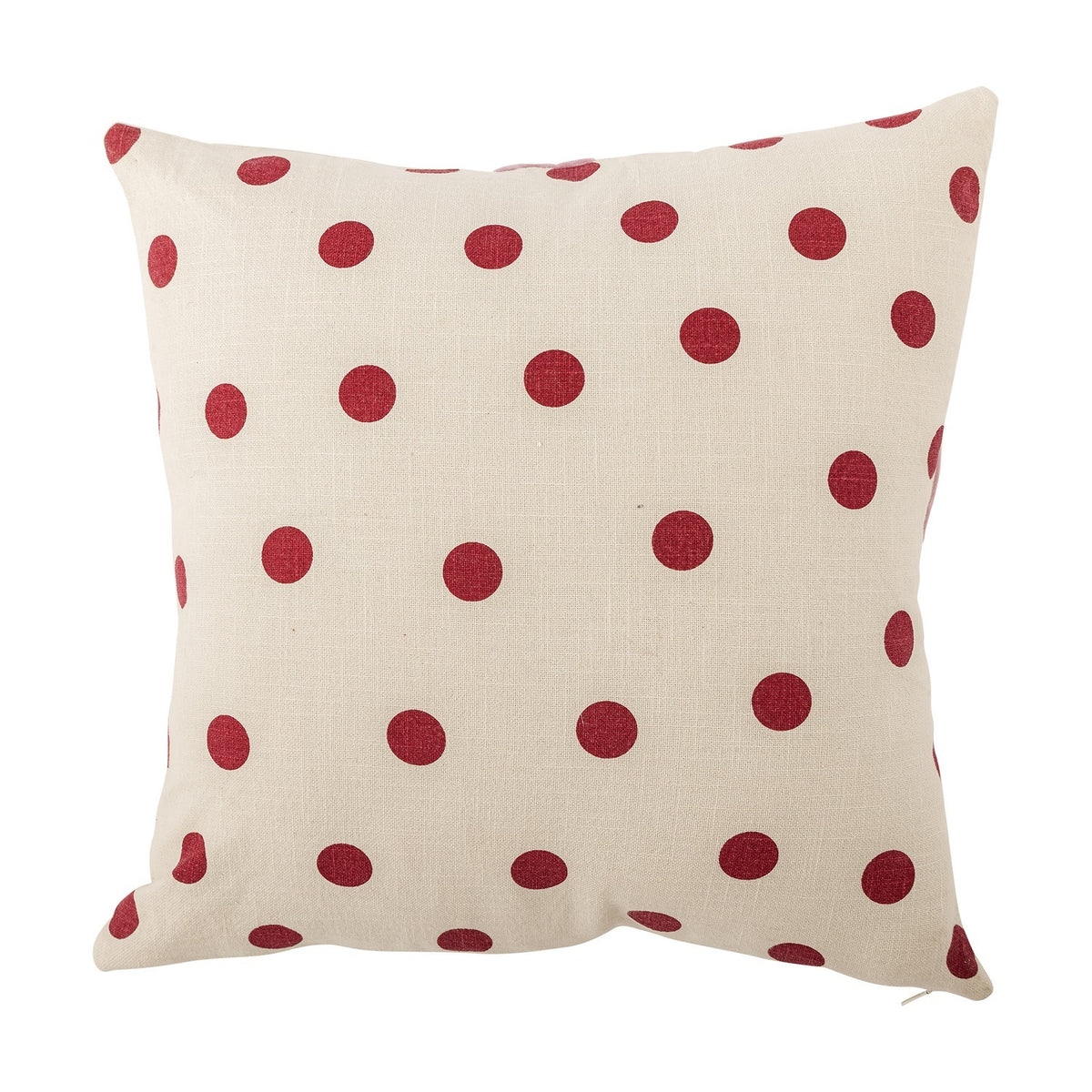 Bowie Dotted Cotton Christmas Cushion in cream, square shape with an allover red polka dot print on a textured cotton cover, shown against a plain white background.